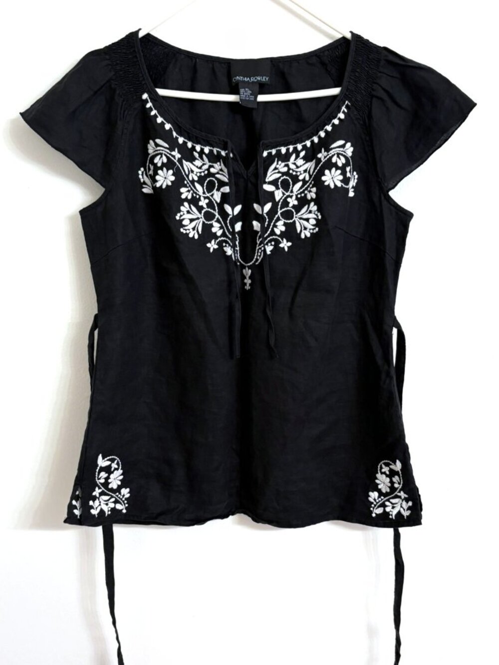 Cynthia Rowley Black Short Sleeve Embroidered White Floral Linen XL Shirt